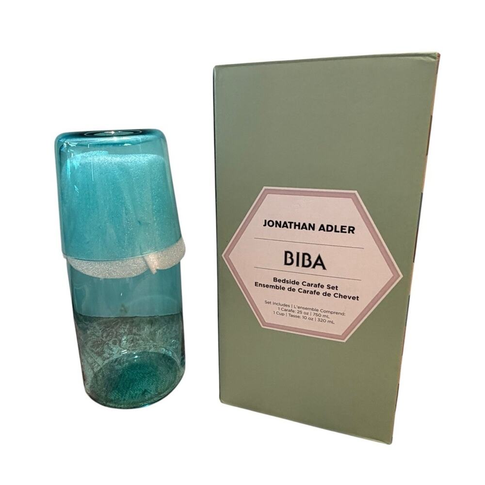 Jonathan Adler Biba Bedside Carafe Set Carafe Cup Blue Teal Glass NEW IN BOX